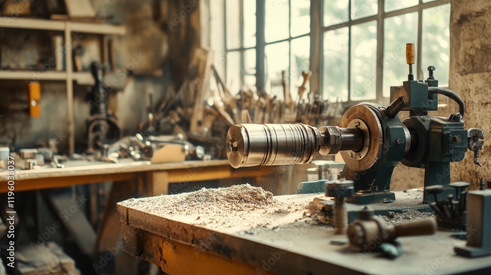 A heavy-duty lathe cutting and shaping a large metal cylinder. A heavy-duty lathe cutting and shaping a large metal cylinder.