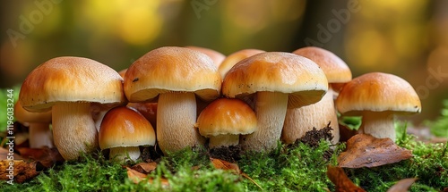  Fresh wild mushrooms sprouting from forest floor in spring, nestled among vibrant green moss and fallen leaves, soft sunlight filtering through trees, creating serene European woodland scene. photo