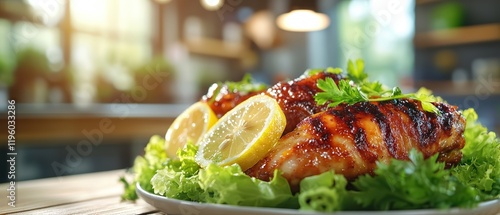  Fried chicken leg resting on bed of lettuce leaves, garnished with lemon slices and parsley, blurred background showing fast-food restaurant counter, creating a fresh and casual dining vibe. photo