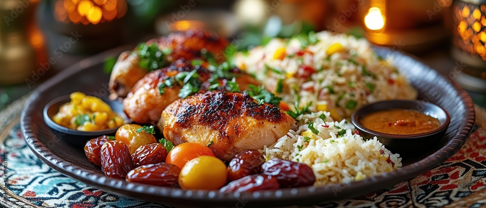 Grilled chicken, fragrant rice, dates, and vibrant vegetables served on decorative platter. Warm ambiance and intricate details evoke festive culinary traditions and rich flavors. Grilled chicken, fragrant rice, dates, and vibrant vegetables served on decorative platter. Warm ambiance and intricate details evoke festive culinary traditions and rich flavors.