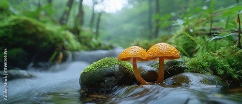  Mushrooms growing near flowing stream in Korean countryside, surrounded by moss-covered stones and bamboo shoots, blurred background of peaceful mountain landscape, evoking serene springtime feel. photo