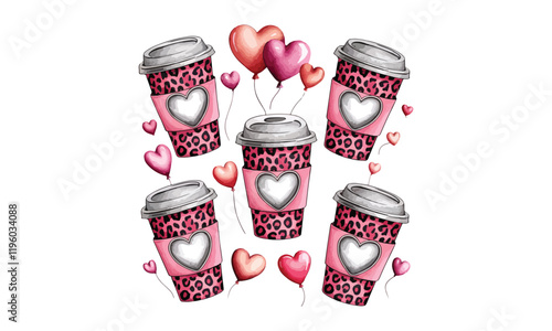 Valentines Coffee Cup Clipart - Leopard Print Cups with Heart Balloons