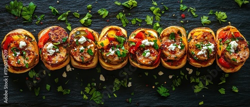 Wallpaper Mural  Golden potato slices layered with colorful vegetables, herbs, and feta. Perfectly aligned presentation with vibrant parsley leaves adding freshness to dark textured background. Torontodigital.ca