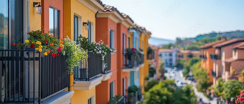 Naklejka premium Vibrant yellow and orange building facades with balconies adorned with colorful flowers, sunny suburban street in background, scenic Mediterranean-inspired neighborhood setting.