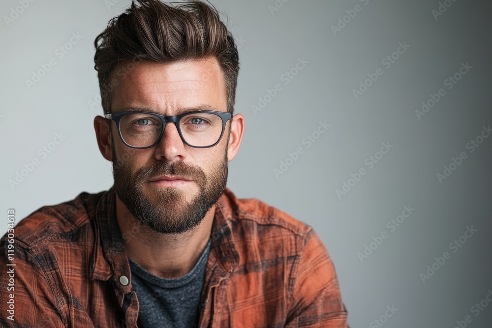Stylish Young Man with Glasses and Beard in Casual Attire Stylish Young Man with Glasses and Beard in Casual Attire