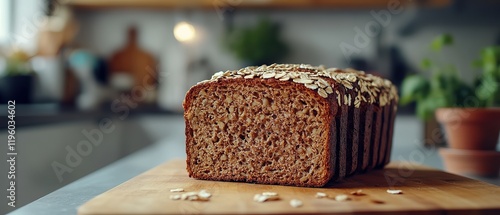  Sliced whole grain bread with rich, hearty texture, topped with visible sunflower seeds and oats, neatly arranged on cutting board, blurred background showing bright kitchen with soft natural light. photo