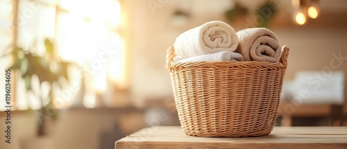  Small wicker basket holding delicate laundry items, placed on wooden bench, blurred background showing neatly folded sheets and warm, softly lit laundry space, evoking a cozy, homely feel. photo