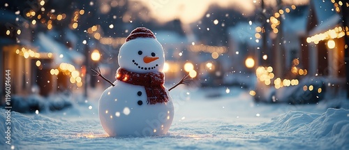  Cheerful snowman with carrot nose, scarf, and stick arms stands in snow-covered front yard, surrounded by houses draped in twinkling lights and fluffy snow, creating a cozy neighborhood winter scene. photo