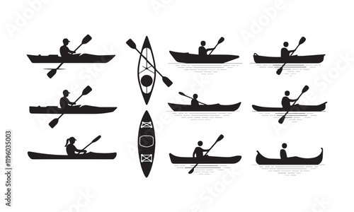 Kayaking Silhouette Icons Set - Kayaks, Paddlers, and Canoeing Designs