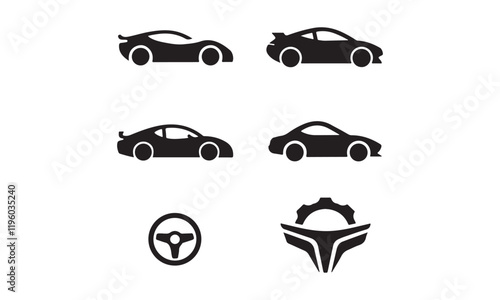 Sports Car Silhouette Icons Set - Sleek Vehicle Profiles and Steering Wheel Designs