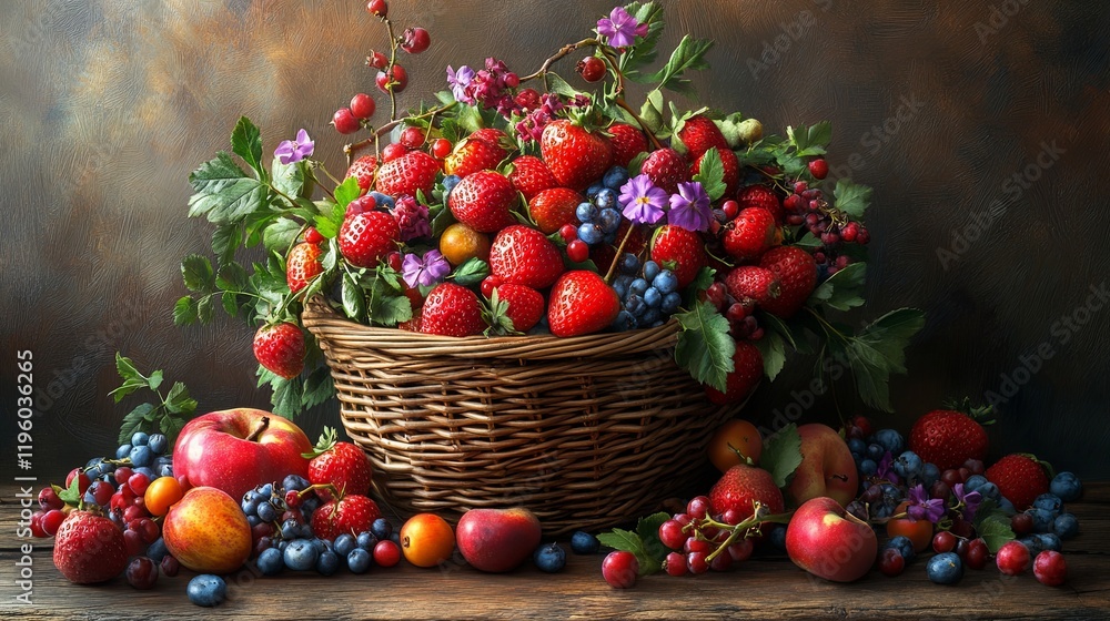 Vibrant basket filled with an assortment of fresh fruits including strawberries, blueberries, and apples on a rustic table. Generative AI