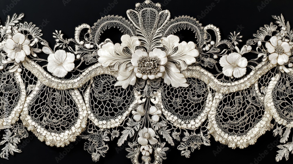 Obraz premium Close-up of a delicate lace pattern with elaborate floral and geometric designs.