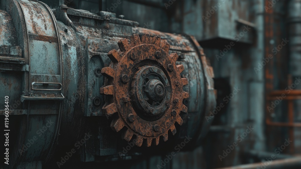 Close-up of a rusted gearwheel on a weathered industrial machine. Close-up of a rusted gearwheel on a weathered industrial machine.