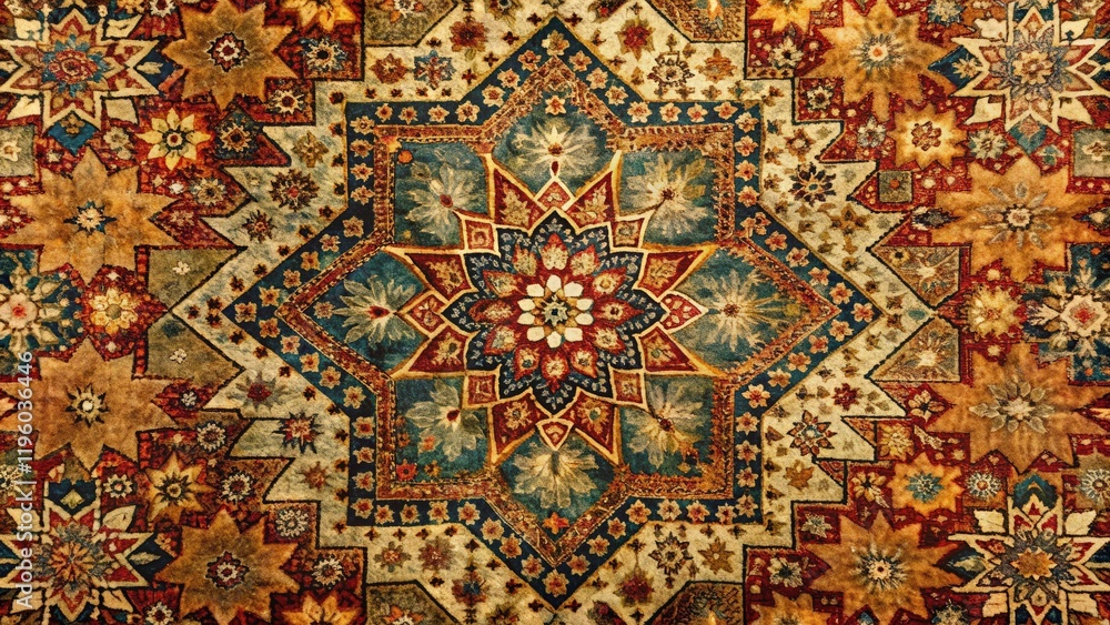 Fototapeta premium Antique starburst rug: a vintage Persian carpet, boasting aged textile and bohemian style.