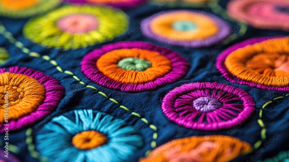 Close-up of intricate handmade embroidery on fabric, showcasing vibrant colors and detailed patterns. Close-up of intricate handmade embroidery on fabric, showcasing vibrant colors and detailed patterns.