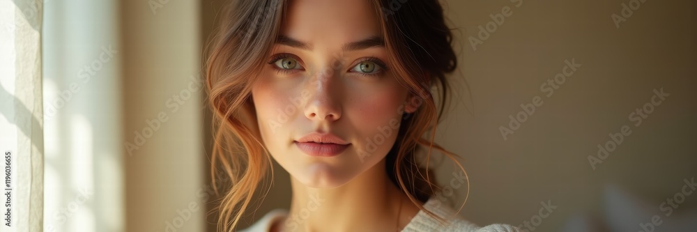Obraz premium A serene portrait of a young woman with natural beauty, illuminated by soft light, perfect for beauty, lifestyle, or wellness themes.