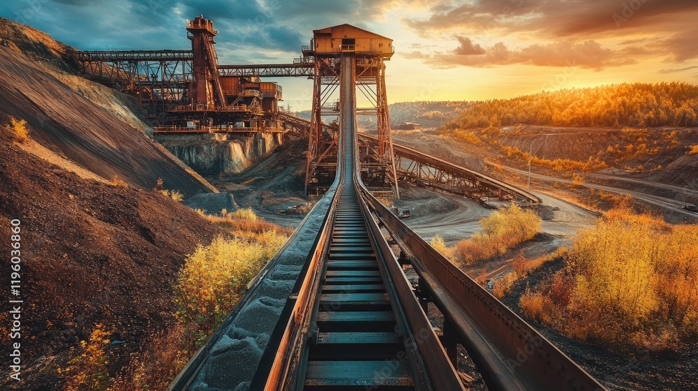Naklejka premium Conveyor belts with raw ore traveling towards a processing area in a mining site.