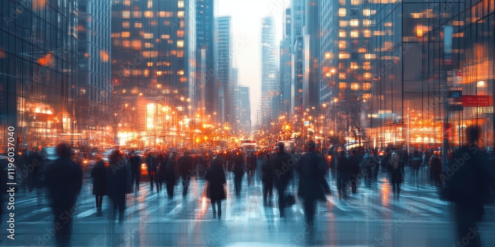 Fototapeta premium City Street at Dusk Crowds Moving Through Illuminated Buildings