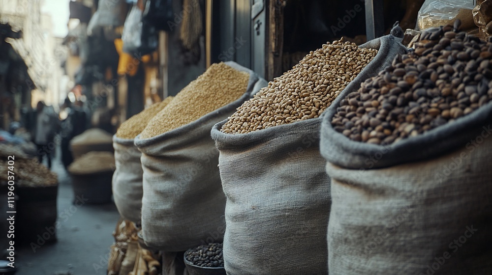 Three burlap sacks of grains and beans at a market. Three burlap sacks of grains and beans at a market.