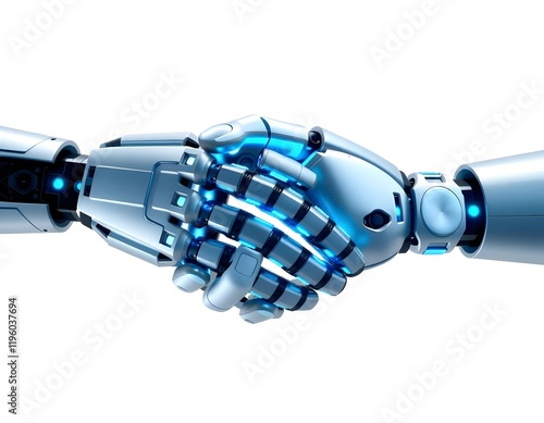 Futuristic 3D Robotic Hands with Metallic and Glowing Details in a Handshake Gesture photo