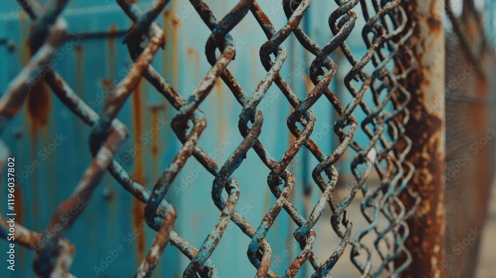Naklejka premium Rusted chain-link fence surrounding an abandoned industrial site.