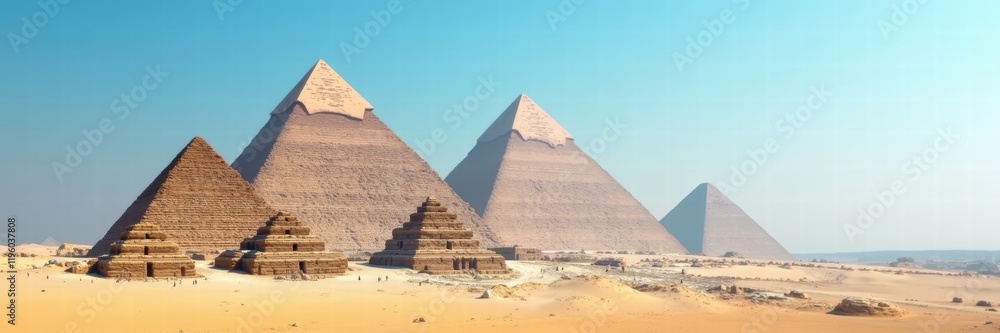Majestic view of the Giza pyramids against a clear blue sky, showcasing the grandeur of ancient Egypt. Perfect for travel, history, and cultural projects. Majestic view of the Giza pyramids against a clear blue sky, showcasing the grandeur of ancient Egypt. Perfect for travel, history, and cultural projects.