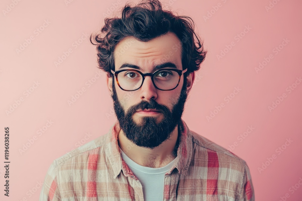 Obraz premium Stylish Young Man with Beard and Glasses Against a Pink Background
