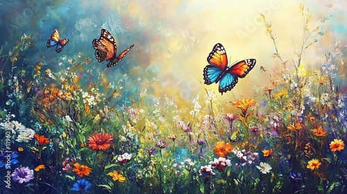 Wallpaper Mural Colorful Butterflies Fluttering Over a Vibrant Spring Meadow Scene Torontodigital.ca