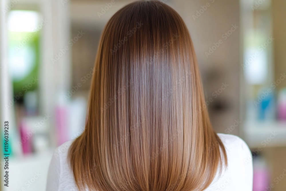 Smooth, shiny brown hair, salon setting, beauty treatment Smooth, shiny brown hair, salon setting, beauty treatment