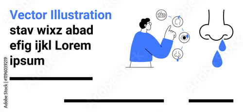 Man in blue sweater pointing to health icons related to sinus. Large dripping nose icon symbolizes sinus issues. Ideal for medical articles, health blogs, infographics, educational materials, mobile