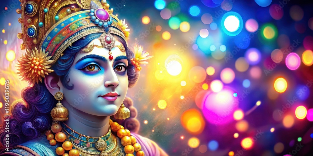 Krishna's serene form, rendered in delicate line drawing with bokeh's soft glow, embodies Indian mythology's spiritual beauty.