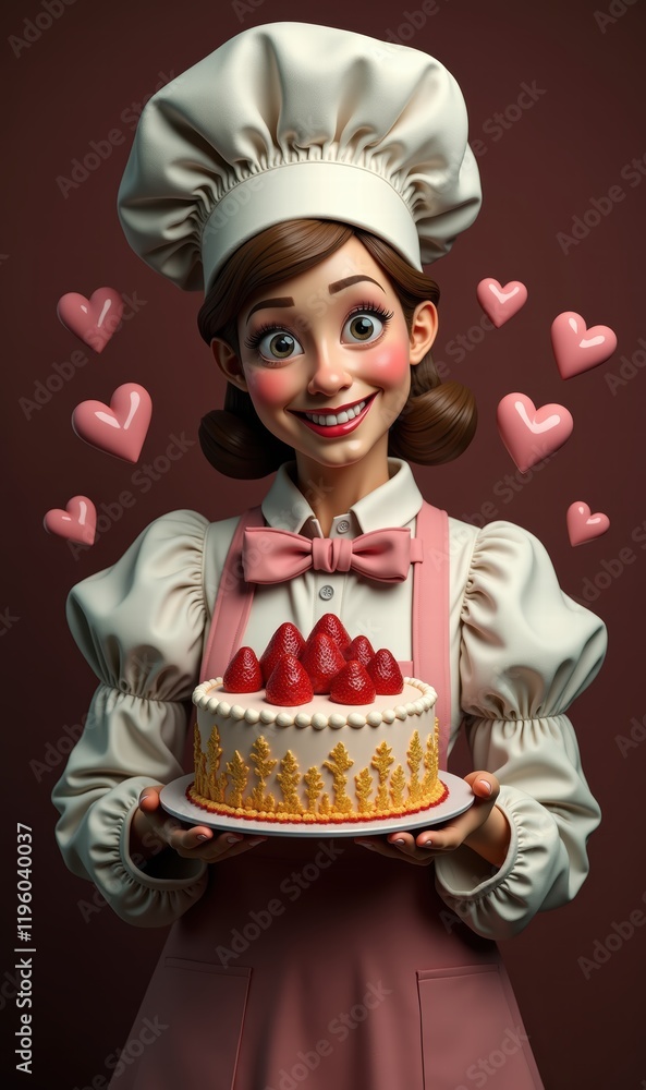 A cheerful baker presents a beautifully decorated strawberry cake, radiating joy and passion for pastry creation. Perfect for culinary, bakery, and wedding theme projects. A cheerful baker presents a beautifully decorated strawberry cake, radiating joy and passion for pastry creation. Perfect for culinary, bakery, and wedding theme projects.