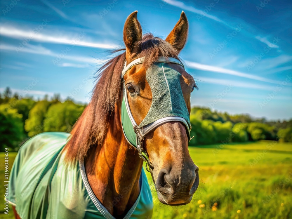 Obraz premium Pasture insect protection: a macro close-up of a horse fly sheet mask.