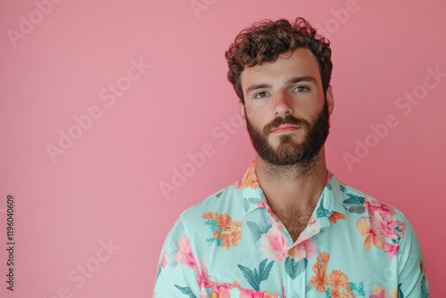 Stylish Young Man in Floral Shirt Against a Vibrant Pink Background