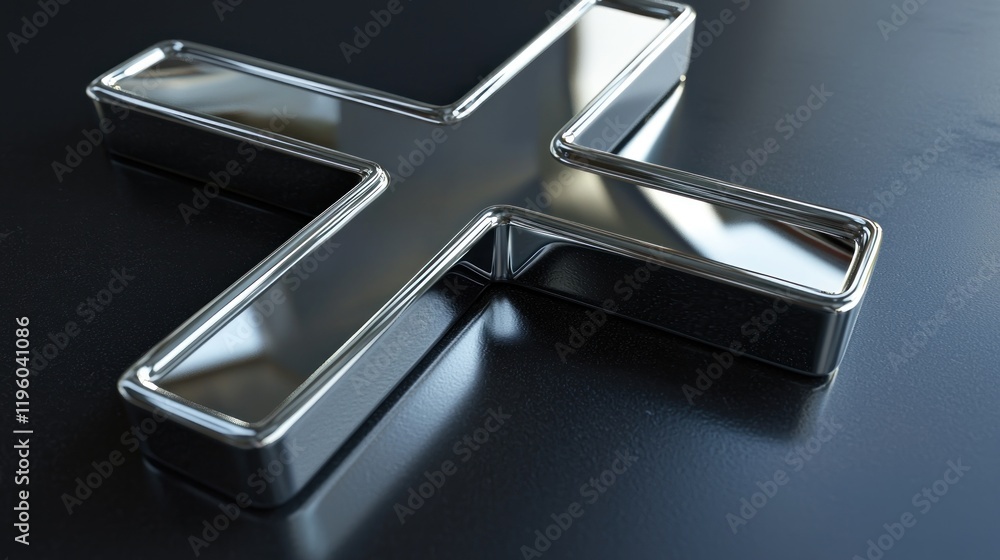 Chrome Plus Sign, Dark Desk, Reflective Surface, Window Background, Math Concept Chrome Plus Sign, Dark Desk, Reflective Surface, Window Background, Math Concept