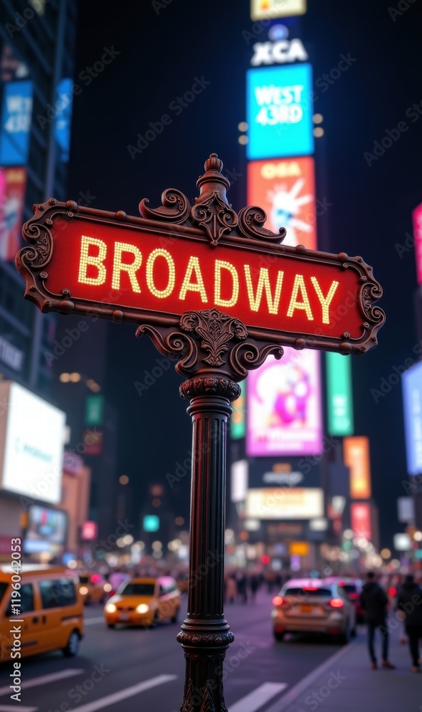 Obraz premium A vibrant night scene featuring the iconic Broadway sign in Times Square, showcasing the energy and culture of New York City.