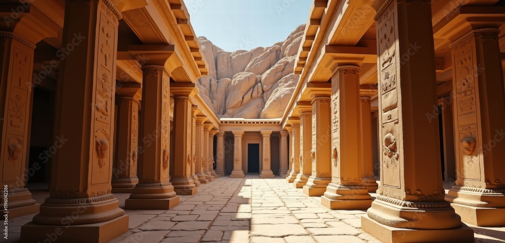 Fototapeta premium Stunning ancient architecture featuring grand columns and a serene courtyard, perfect for showcasing history, travel, or cultural projects.