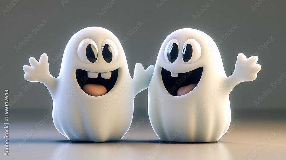 Obraz premium Two cute cartoon ghosts waving.