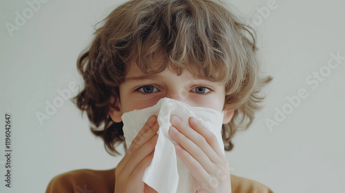 Sick Child Using Tissue on a White Background