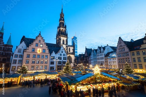 Festive Christmas market at twilight, medieval architecture, Germany, holiday spirit photo