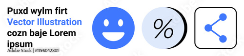 Blue happy face, percentage symbol, and share icon. Ideal for user feedback, ratings, data visualization, social media, connectivity, marketing, analytics Landing page