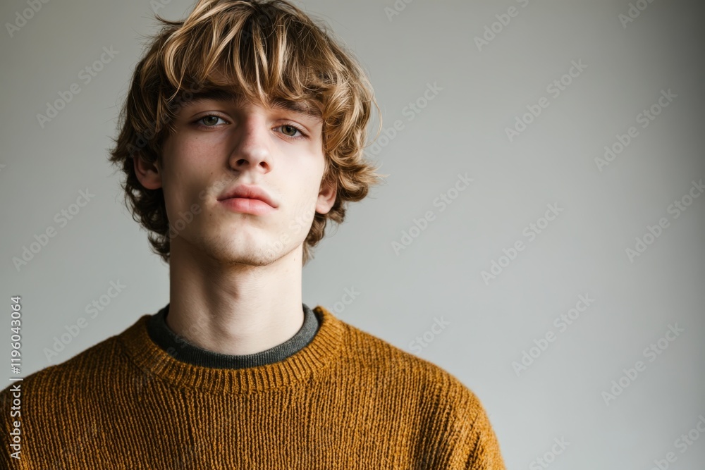 Portrait of a Young Man with Wavy Hair in a Cozy Sweater Portrait of a Young Man with Wavy Hair in a Cozy Sweater