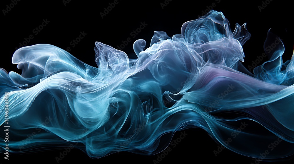 Fototapeta premium Ethereal blue smoke swirling gracefully against a black background.