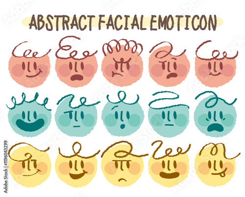 Abstract flat face with variety cute and funny facial expression set. Cartoon doodle style round character emotion. Comic colorful happy, calm, worry, angry, anxiety, smile face with line draw hair