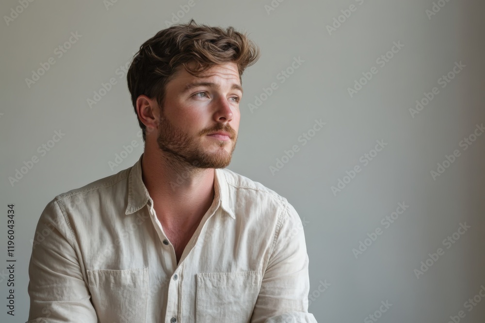 Obraz premium Thoughtful Young Man in Casual Attire Posing Against a Neutral Background