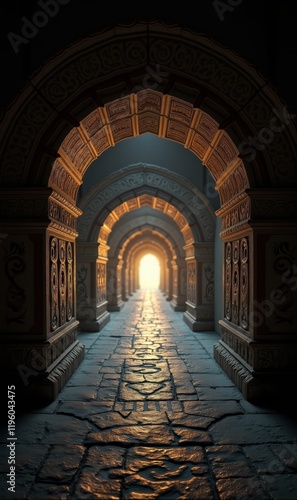 A breathtaking corridor illuminated by warm light, showcasing intricate arches and stone pathways, perfect for themes of exploration, mystery, and architectural beauty.