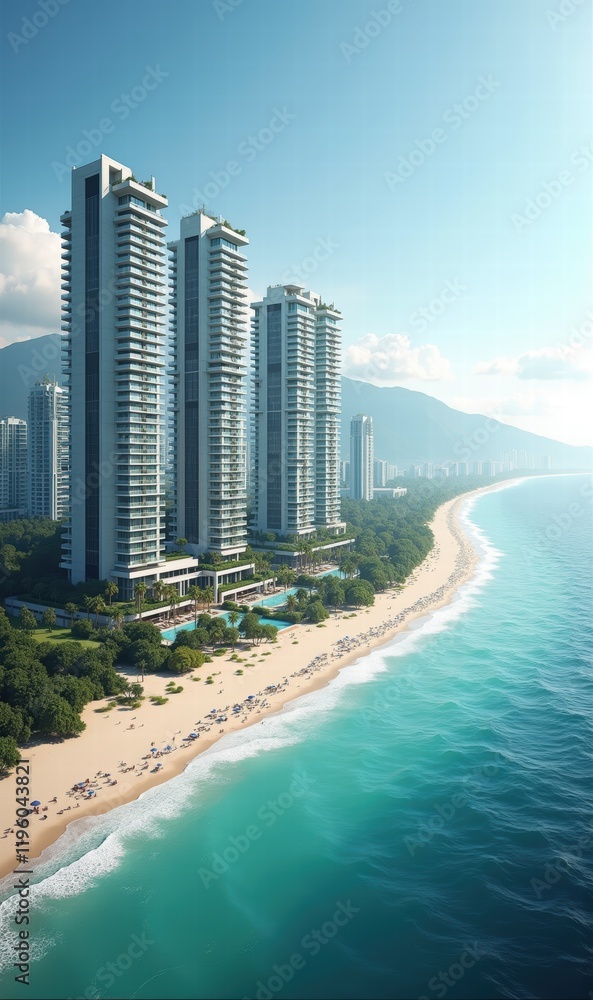 Obraz premium A stunning aerial view of modern skyscrapers along a picturesque beach, showcasing luxury living in a tropical paradise.