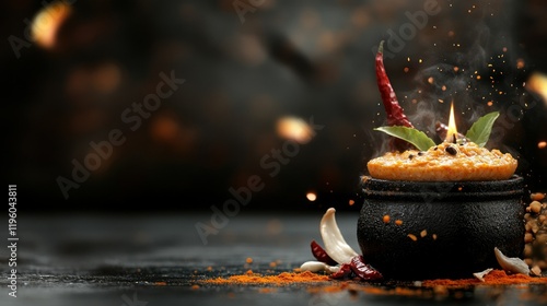 Spicy Indian Curry Cooking in Black Pot with Fresh Ingredients photo