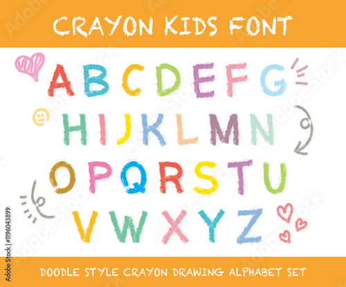 Hand drawn style colorful wax crayon writing uppercase letters alphabet typography for kids school class vector. Cute cartoon doodle style abc alphabets chart for nursery or kindergarten learning.