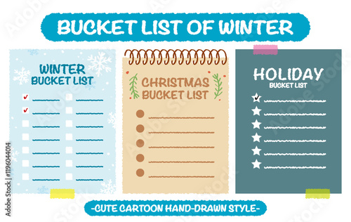 Hand drawn style winter holiday bucket lists set. Christmas checklists with snow flake pattern. Cartoon doodle style day do list. Cute colorful new year bucket list memo. Chart, Idea, Paper note